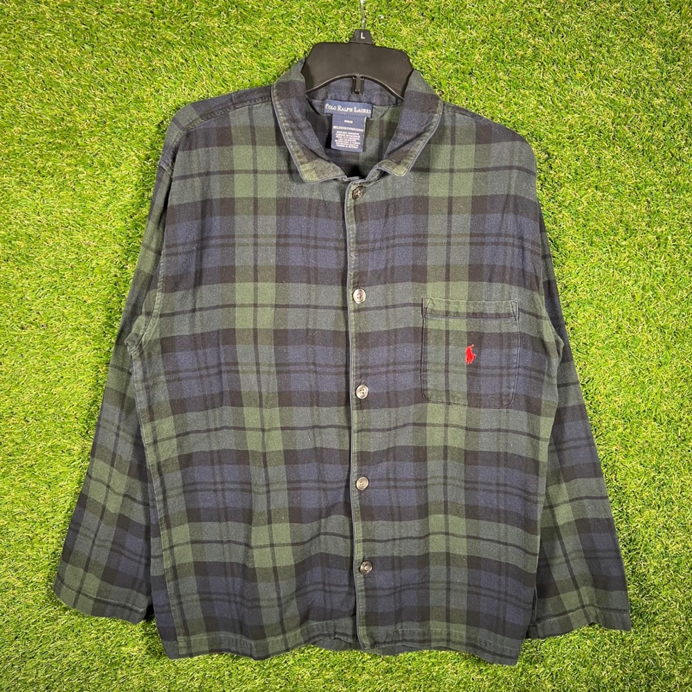 Polo Ralph Lauren Mens Medium Blackwatch Plaid Cotton Flannel Sleep Shirt Green